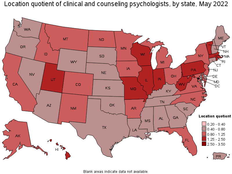 Map of location quotient of clinical and counseling psychologists by state, May 2022