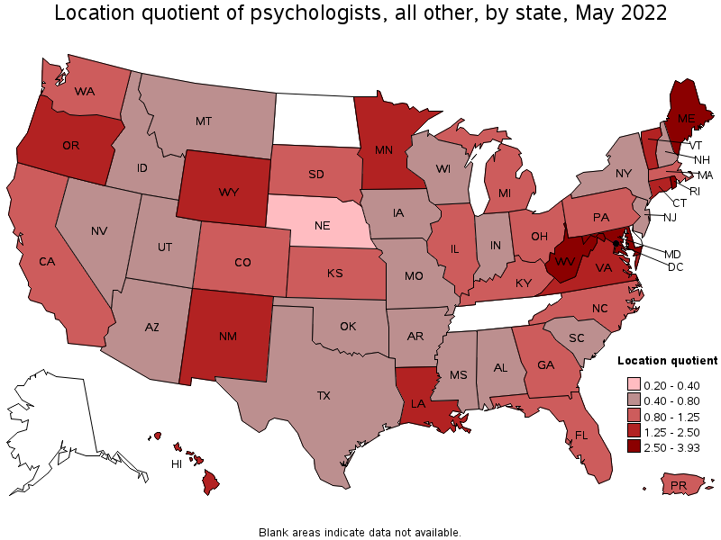 Map of location quotient of psychologists, all other by state, May 2022