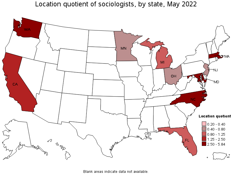 Map of location quotient of sociologists by state, May 2022