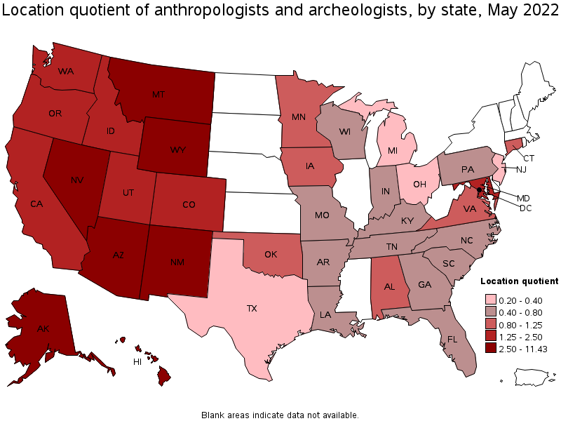 Map of location quotient of anthropologists and archeologists by state, May 2022