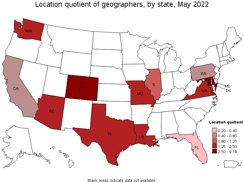 Map of location quotient of geographers by state, May 2022