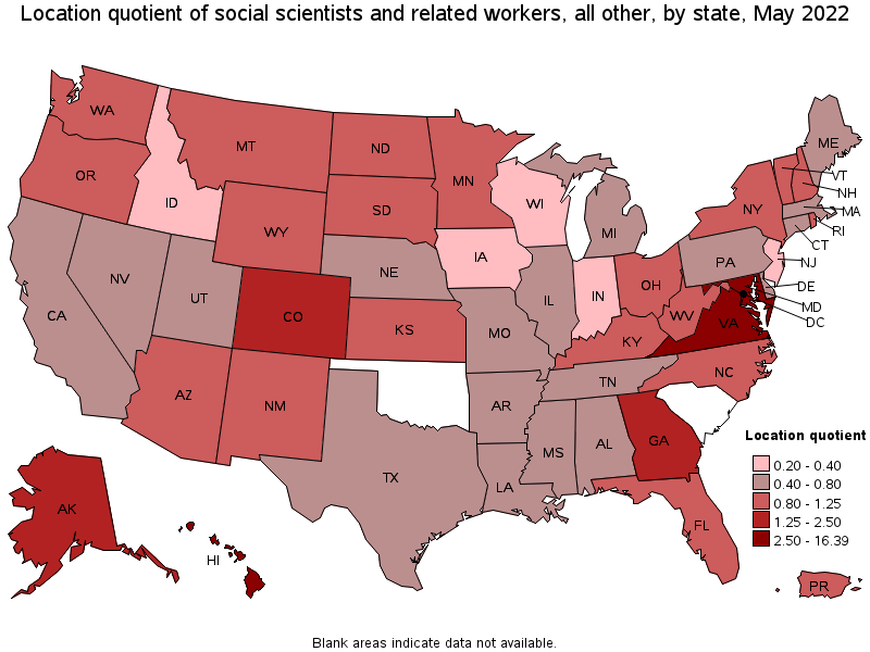 Map of location quotient of social scientists and related workers, all other by state, May 2022