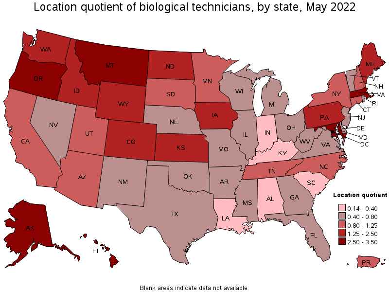 Map of location quotient of biological technicians by state, May 2022