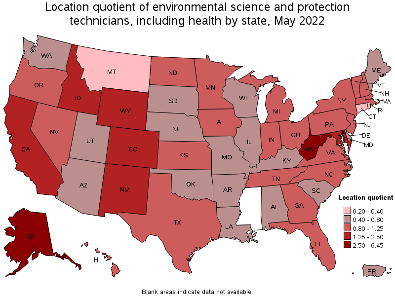 Map of location quotient of environmental science and protection technicians, including health by state, May 2022