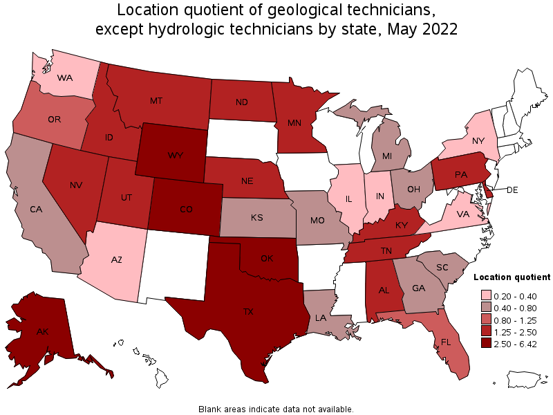 Map of location quotient of geological technicians, except hydrologic technicians by state, May 2022