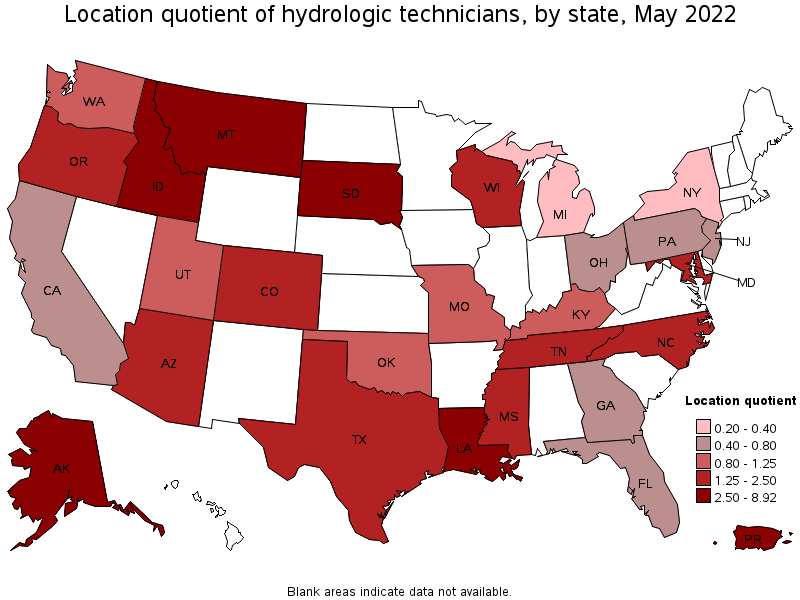 Map of location quotient of hydrologic technicians by state, May 2022