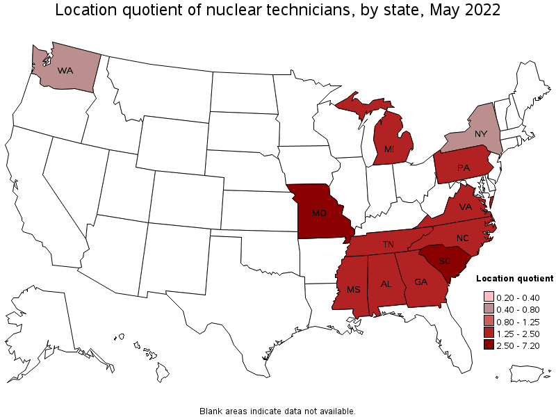 Map of location quotient of nuclear technicians by state, May 2022