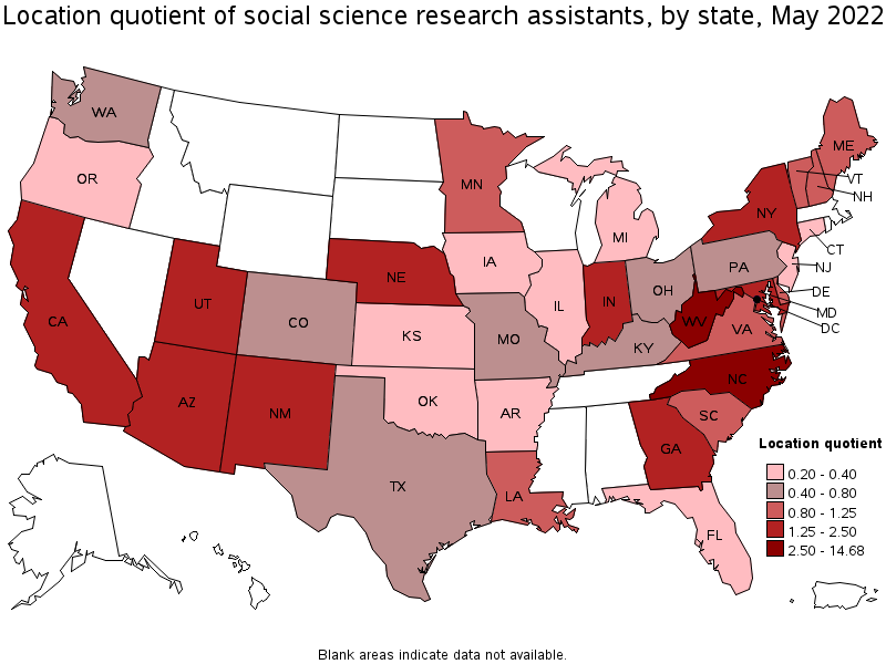 Map of location quotient of social science research assistants by state, May 2022