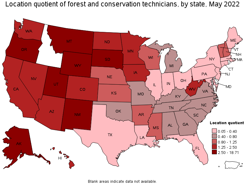 Map of location quotient of forest and conservation technicians by state, May 2022