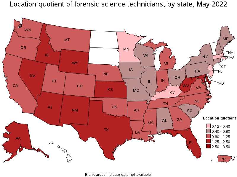 Map of location quotient of forensic science technicians by state, May 2022