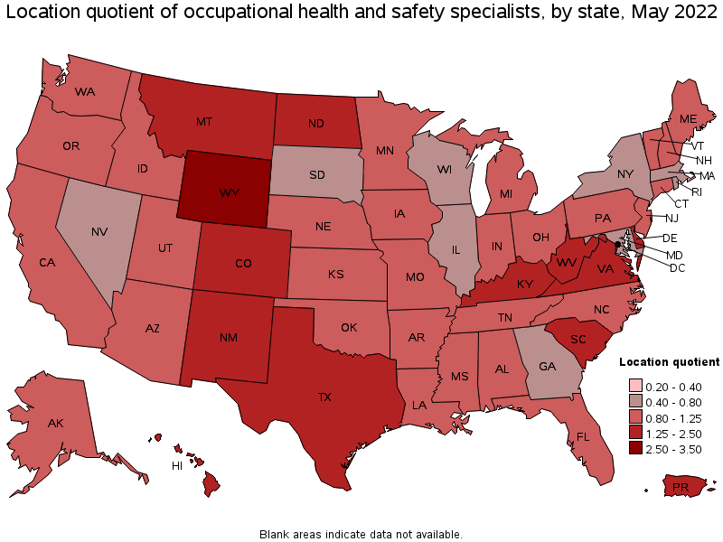 Map of location quotient of occupational health and safety specialists by state, May 2022