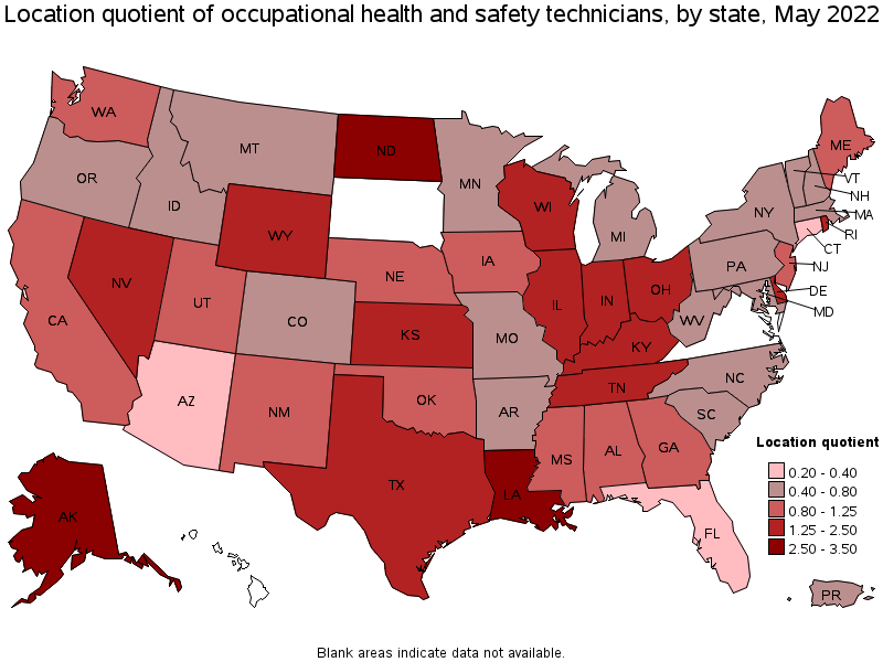 Map of location quotient of occupational health and safety technicians by state, May 2022