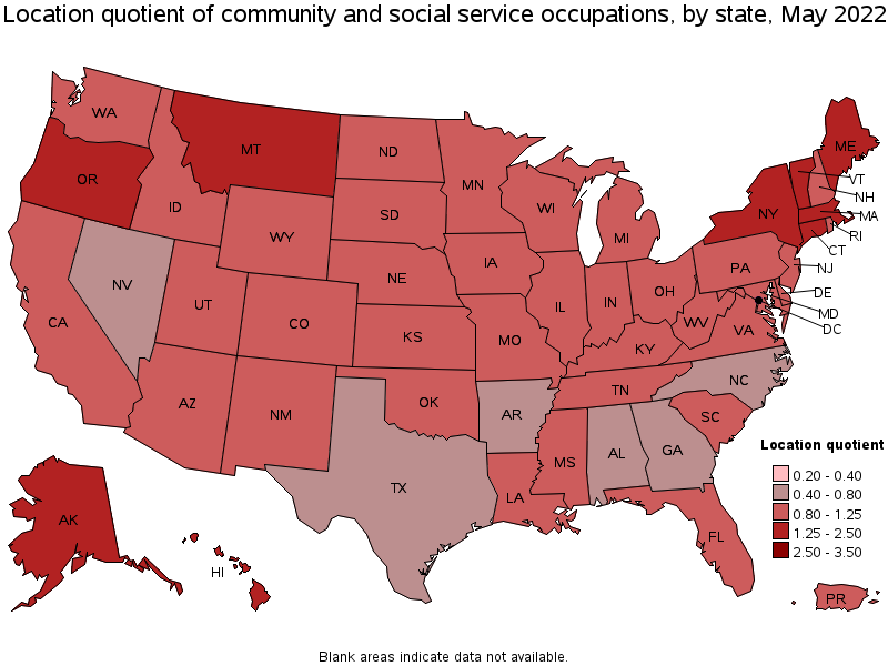 Map of location quotient of community and social service occupations by state, May 2022