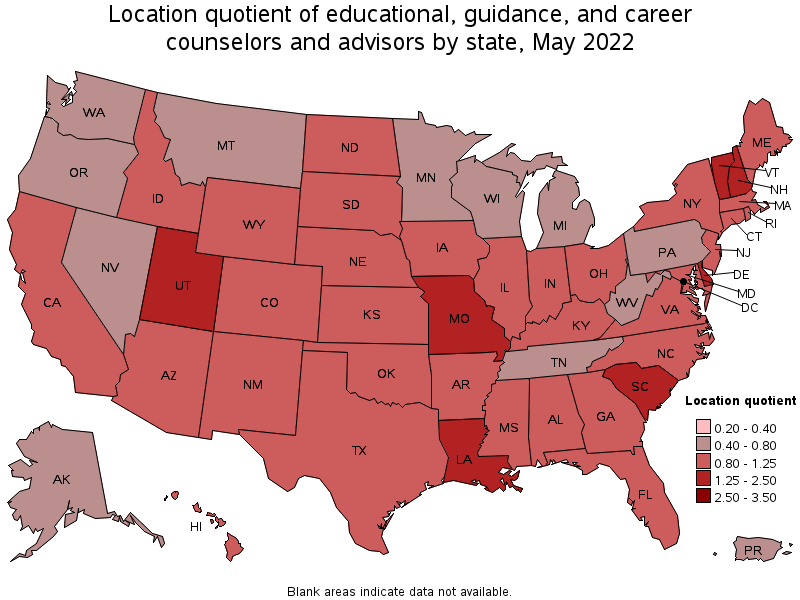 Map of location quotient of educational, guidance, and career counselors and advisors by state, May 2022