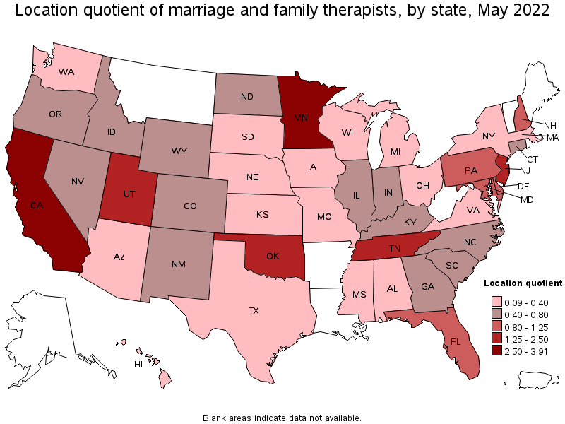 Map of location quotient of marriage and family therapists by state, May 2022