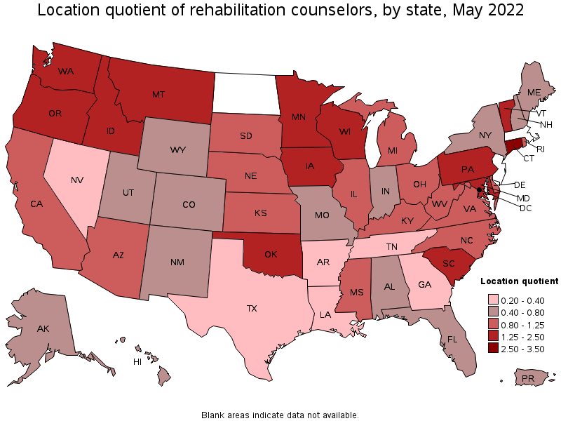 Map of location quotient of rehabilitation counselors by state, May 2022