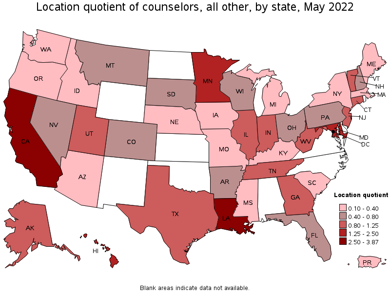Map of location quotient of counselors, all other by state, May 2022