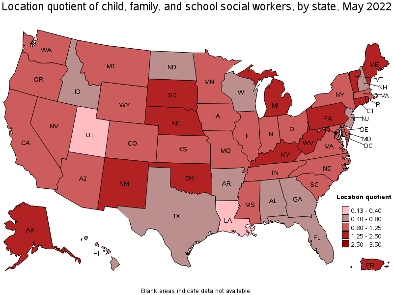 Map of location quotient of child, family, and school social workers by state, May 2022