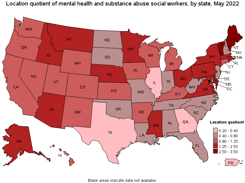 Map of location quotient of mental health and substance abuse social workers by state, May 2022