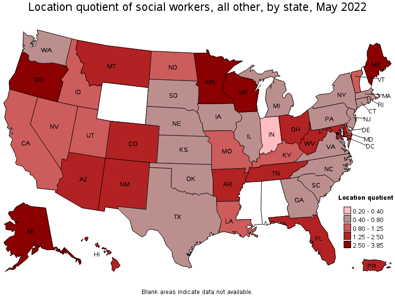 Map of location quotient of social workers, all other by state, May 2022