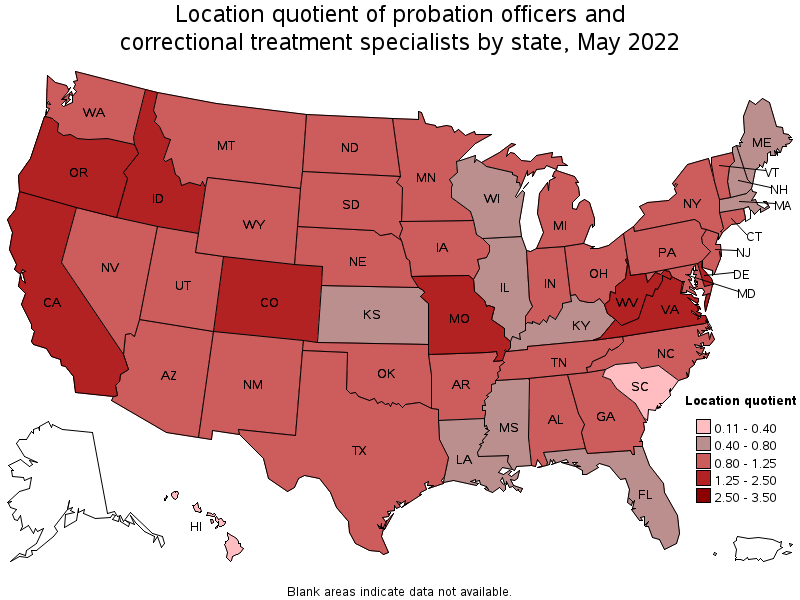 Map of location quotient of probation officers and correctional treatment specialists by state, May 2022