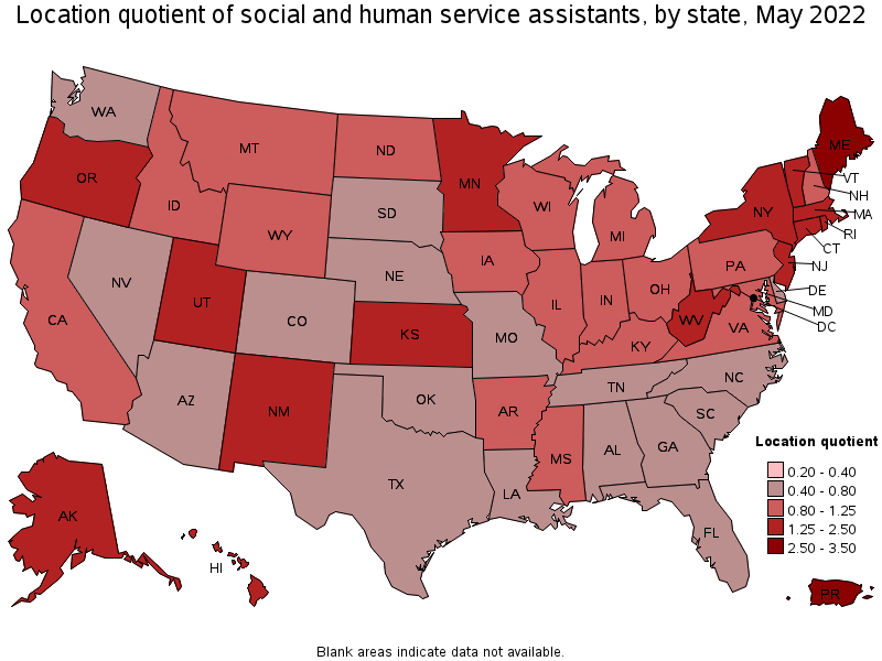 Map of location quotient of social and human service assistants by state, May 2022
