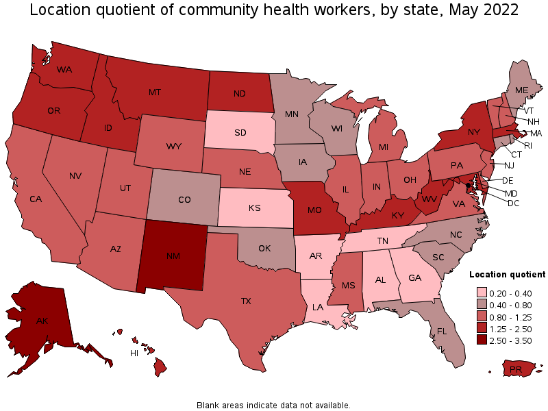 Map of location quotient of community health workers by state, May 2022