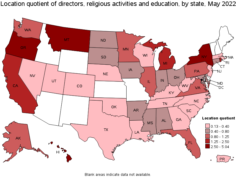 Map of location quotient of directors, religious activities and education by state, May 2022