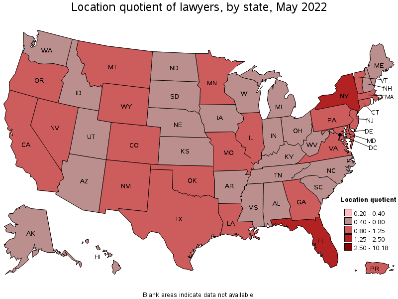 Map of location quotient of lawyers by state, May 2022