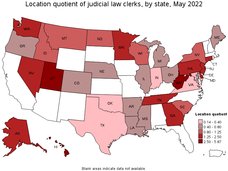 Map of location quotient of judicial law clerks by state, May 2022