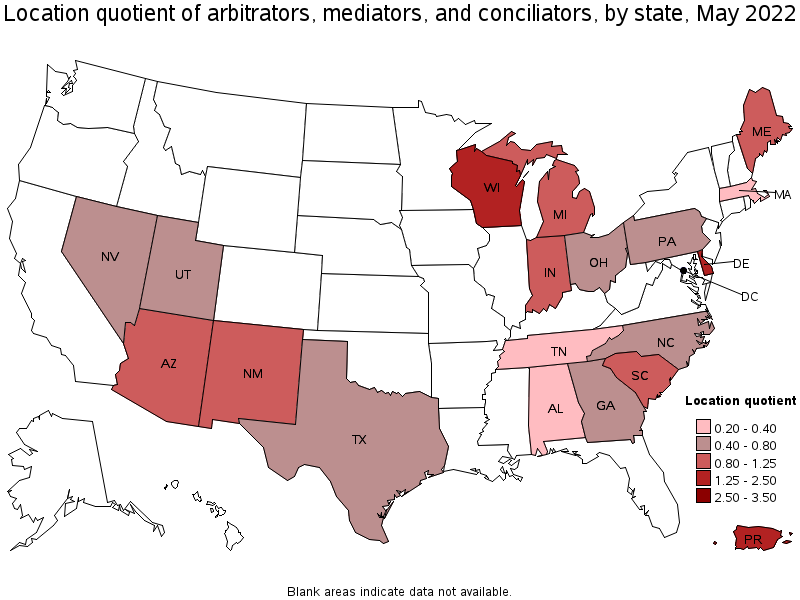 Map of location quotient of arbitrators, mediators, and conciliators by state, May 2022