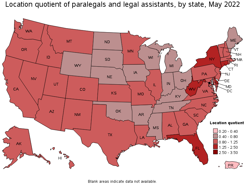 Map of location quotient of paralegals and legal assistants by state, May 2022