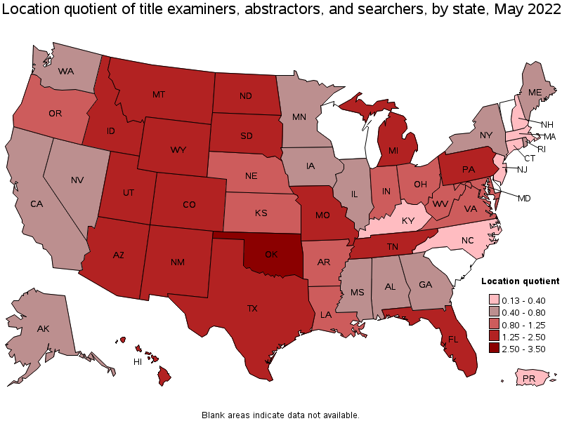 Map of location quotient of title examiners, abstractors, and searchers by state, May 2022