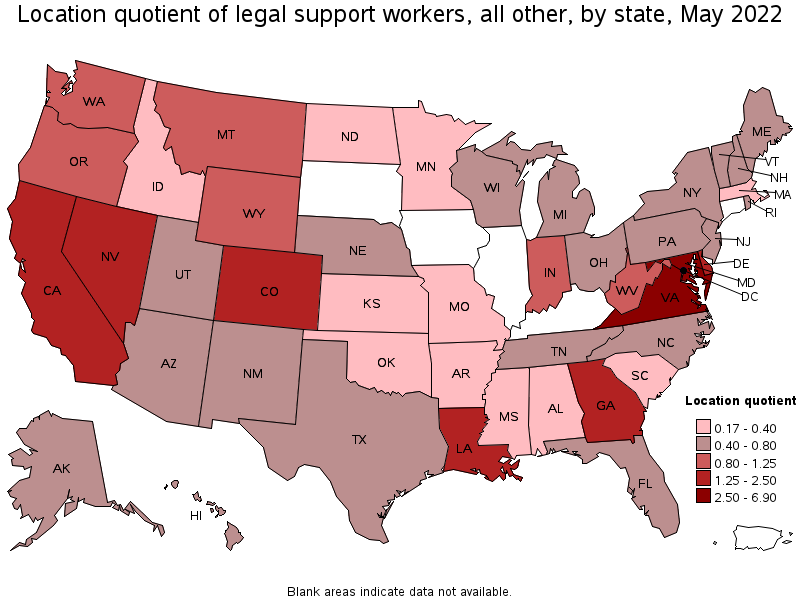 Map of location quotient of legal support workers, all other by state, May 2022