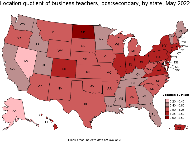 Map of location quotient of business teachers, postsecondary by state, May 2022