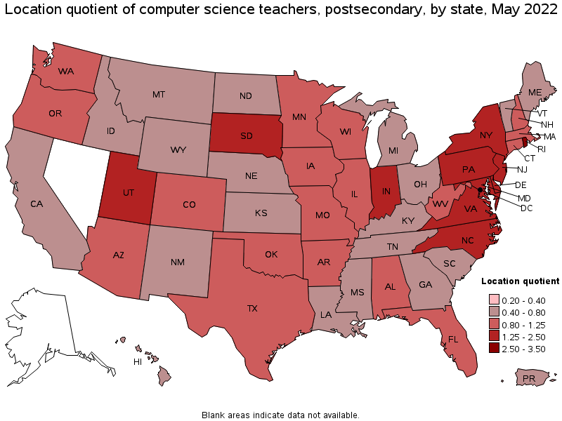 Map of location quotient of computer science teachers, postsecondary by state, May 2022