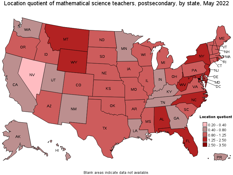 Map of location quotient of mathematical science teachers, postsecondary by state, May 2022