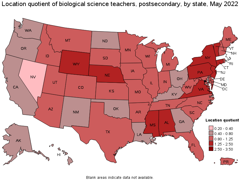 Map of location quotient of biological science teachers, postsecondary by state, May 2022