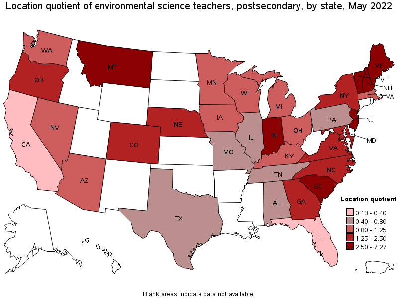 Map of location quotient of environmental science teachers, postsecondary by state, May 2022