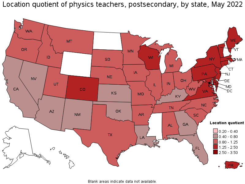 Map of location quotient of physics teachers, postsecondary by state, May 2022