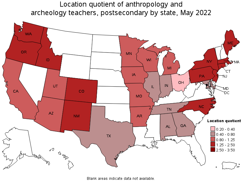 Map of location quotient of anthropology and archeology teachers, postsecondary by state, May 2022