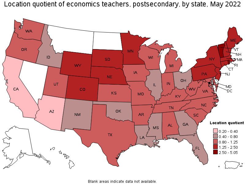 Map of location quotient of economics teachers, postsecondary by state, May 2022