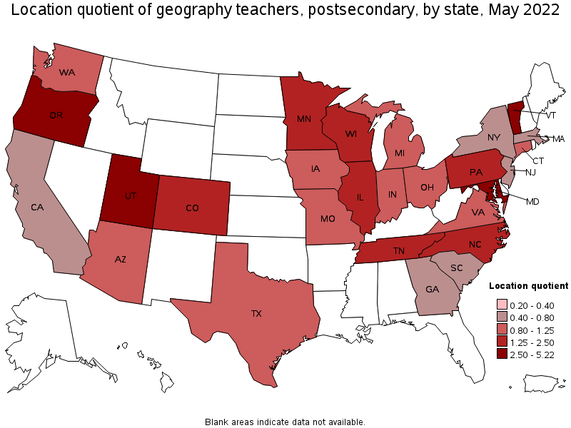 Map of location quotient of geography teachers, postsecondary by state, May 2022