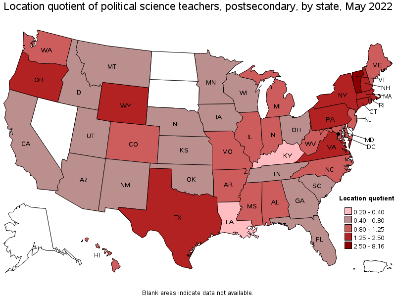 Map of location quotient of political science teachers, postsecondary by state, May 2022