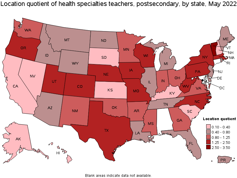 Map of location quotient of health specialties teachers, postsecondary by state, May 2022