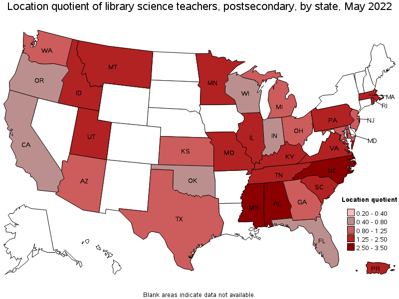 Map of location quotient of library science teachers, postsecondary by state, May 2022