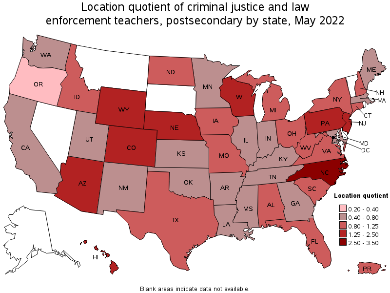 Map of location quotient of criminal justice and law enforcement teachers, postsecondary by state, May 2022