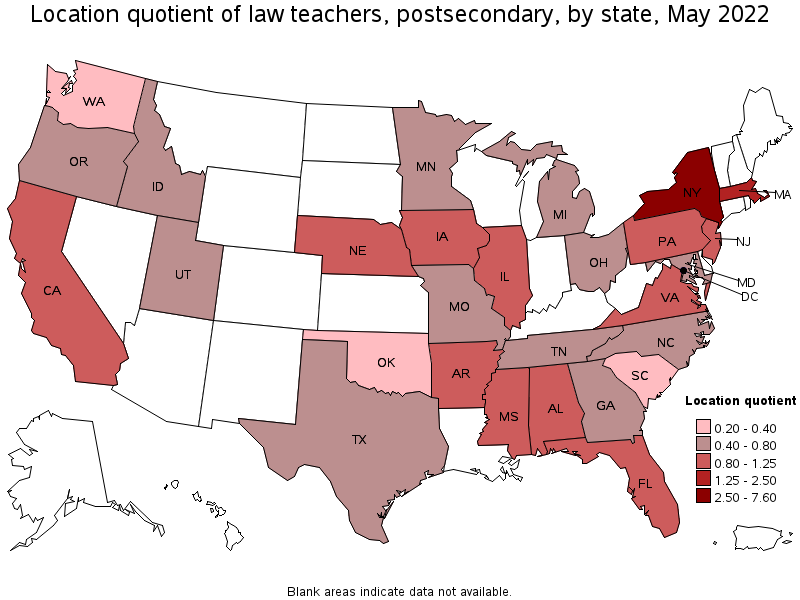 Map of location quotient of law teachers, postsecondary by state, May 2022