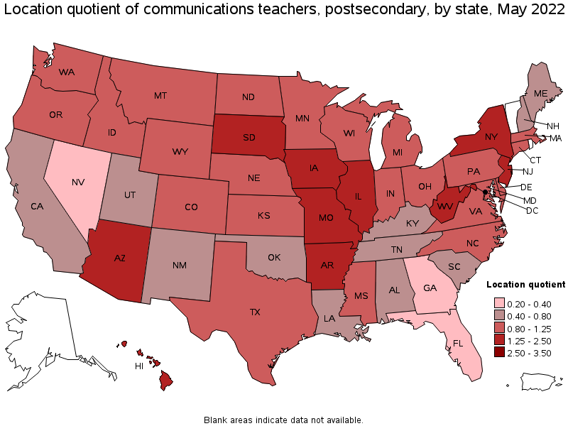 Map of location quotient of communications teachers, postsecondary by state, May 2022