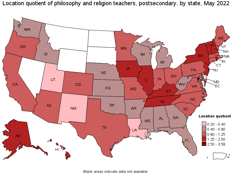 Map of location quotient of philosophy and religion teachers, postsecondary by state, May 2022